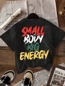SHEIN Small Body Big Energy, Young Boys Casual Simple Round Neck T-Shirt, Suitable For Summer - Black - View 2