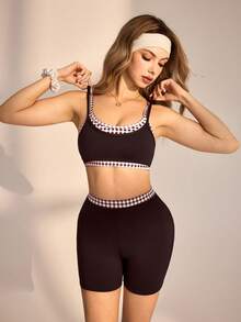 Medorelle Conjunto informal de 2 piezas de top y shorts de patchwork a cuadros para mujer - Café integral - Ver 7