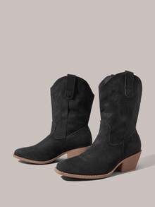 Styleloop Women's White Western Boots, Pointed Toe Chunky Heel V-Cut Leather Boots, Low Heel Embroidered Knee-High Boots And Ankle Boots - Black + cloth - View 2