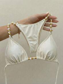 Swim Vcay Solid Color Fabric, Metal Beaded Decor, Elegant Resort Women Swimwear Set - Apricot - View 1