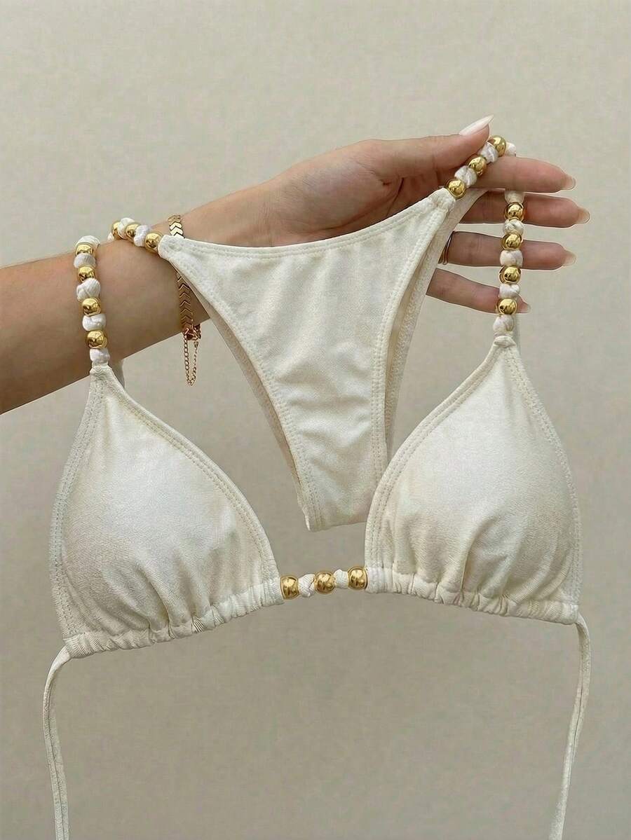 Swim Vcay Solid Color Fabric, Metal Beaded Decor, Elegant Resort Women Swimwear Set - Apricot - View 1