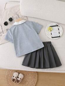 Elladie kids Young Girls Retro Floral Outfit, 2 Piece Short Sleeve Tee & Ruffle Skirt Set For School Daily Wear Vacation Casual Wear - Grey - View 2