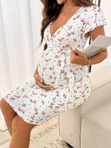 Slowluna 碎花深V领短袖哺乳连衣裙 - 白色 - 查看 11