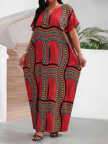 SHEIN Lady 女士条纹V领宽松休闲中长连衣裙，适合度假 - 彩色 - 查看 4