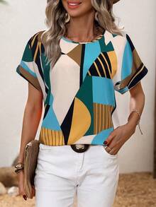 SHEIN Clasi Women's Casual Printed Round Neck Short Sleeve Shirt - Multicolor - View 4