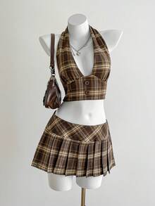 Elamini Bộ đồ 2 món dành cho nữ mùa hè, kiểu dáng thường ngày, họa tiết kẻ caro: áo hai dây và chân váy ngắn. - màu nâu - Xem 1