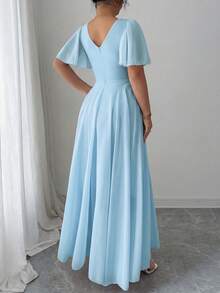 Elenzga Plus Size Women's V-Neck A-Line Chiffon Dress With Ruffle Sleeves, Simple Elegant And Romantic - Blue - View 2