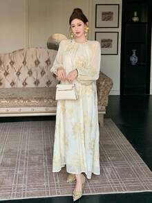 DAZY Women's Floral Pattern Raglan Sleeve Elegant Dress - Beige - View 4