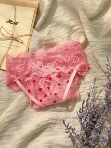 女士性感爱心植绒蕾丝边丁字裤 - 粉色 - 查看 5