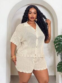 Veslaya Women's Plus Size Beige Summer Boho Vacation Holiday Knitted Two Pieces Outfit,Loose Short Sleeve Shirt Top And Shorts Set,Beach Music Festival Party - Apricot - View 9