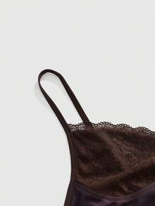 ROMWE Tank Top Wanita Ukuran Besar Motif Cokelat Seksi Bergaya Vintage dengan Patchwork Renda untuk Olahraga Musim Panas - Coklat - View 3