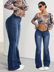 SHEIN PETITE Women's Frayed Hem Casual Versatile Daily Wear Flare Jeans - Blue - View 5