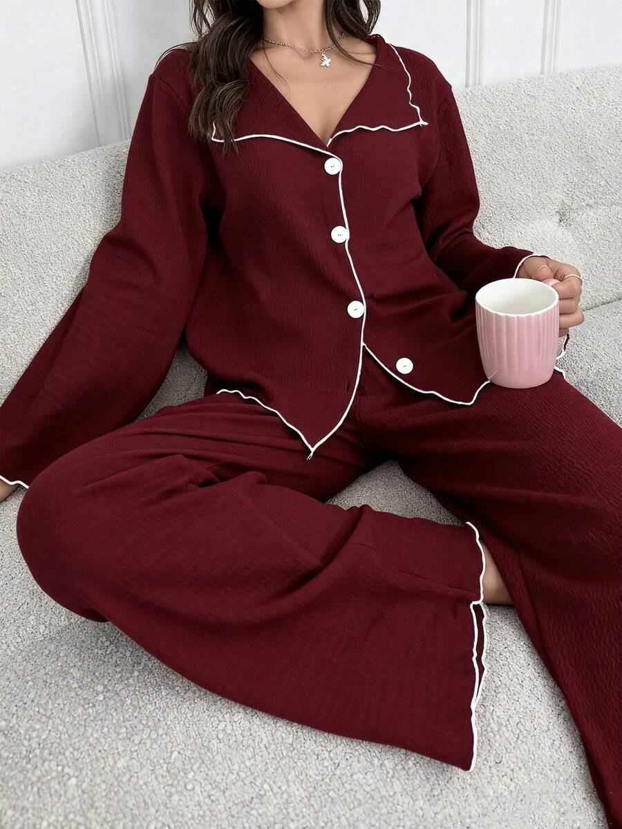 SHEIN 女士单排扣长袖上衣和裤子休闲睡衣套装 - 酒紅色 - 查看 1