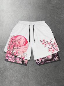 ROMWE MEN Anime Men's Chinese Dragon Print Drawstring Waist Double-Layer Shorts - Multicolor - View 3