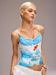 Y2Kool Maria Clara Maia Tank Top Crop Pas Badan Wanita dengan Tali Bahu Tipis dan Hiasan Pita untuk Musim Panas - Blue and White - View 5