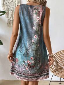 EMERY ROSE Women's Floral Printed Notched V-Neck Sleeveless Dress - Green - View 2
