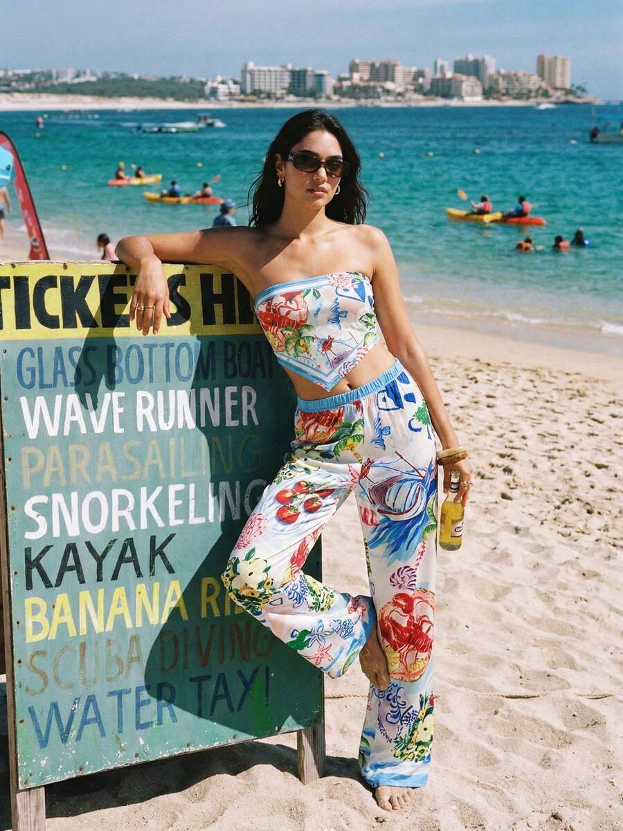 Soleia 2pcs Women Palm Tree Print Tube Top And Pants Set, Vacation Tropical Two Piece Set Beach Set For Women Tropical Vacation Woman Clothes Summer Pants Sets