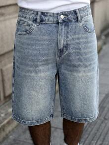 Manfinity EMRG Men's Street Fashion Casual Printed Shadow Blue Denim Shorts - Medium Wash - View 7