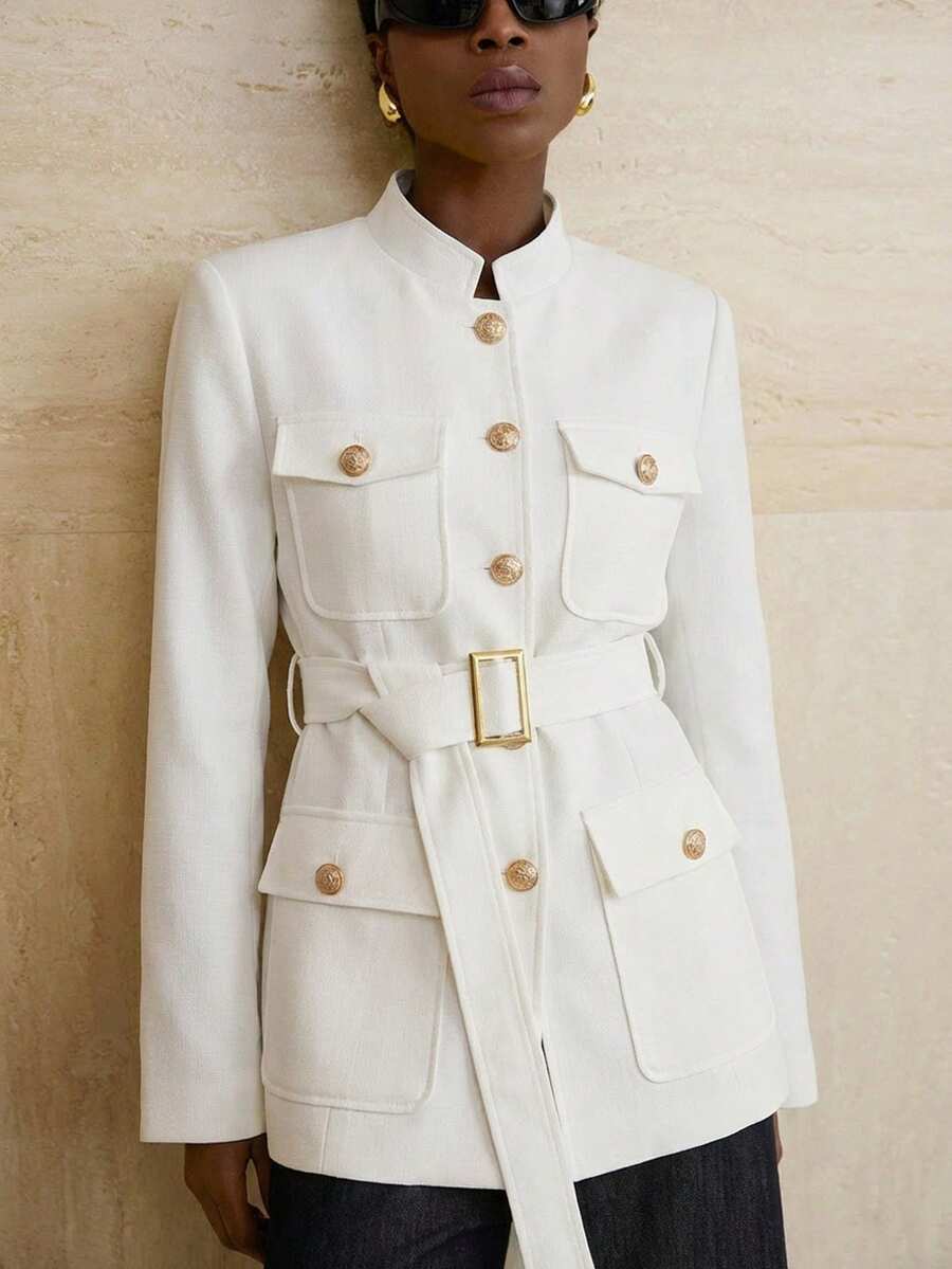 Aveloria Modichic Chaqueta utilitaria de cuello alto, tweed grueso, abotonadura sencilla con botones metálicos y cinturón decorativo - Blanco - Ver 1