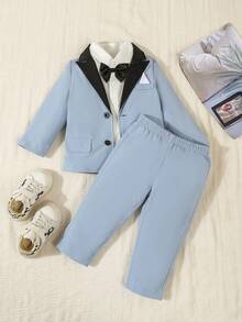 2pcs Baby Boy Blue Summer Elegant Wedding Formal Suit Set,Contrast Collar Faux Pocket Jacket&Elastic Waist Pants For 6 Months-3 Years Old Performance - Dusty Blue - View 3