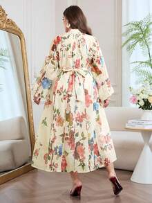 Modelyn Đầm dáng suông dài tay cổ đứng in hoa, cỡ lớn, thích hợp cho mùa xuân/thu. - Nhiều màu - Xem 2