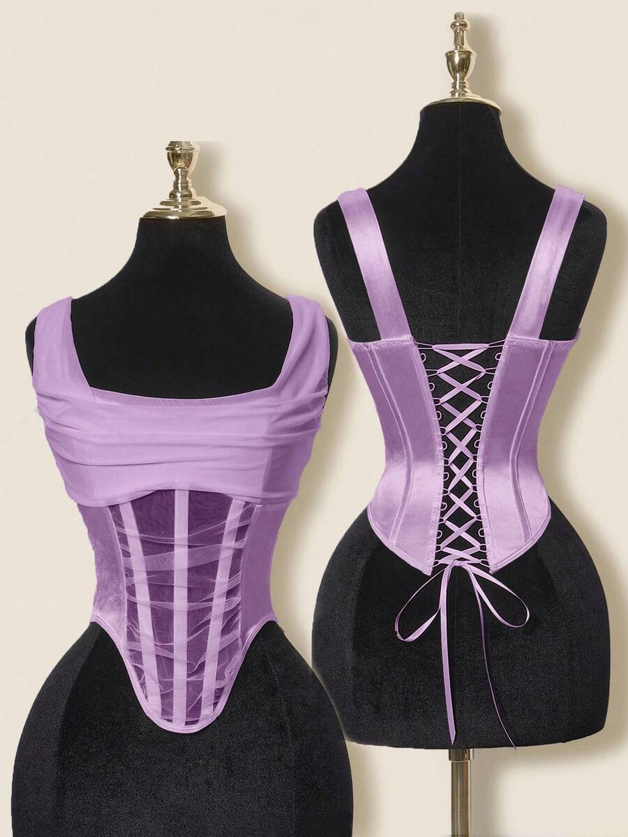 SHEIN ICON Mesh Plunging Neck Fishbone Bustier Camisole - Purple - View 1