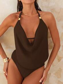 SHEIN Swim Chicsea 夏季沙滩垂褶露背吊带黑色泳衣 - 咖啡棕 - 查看 1