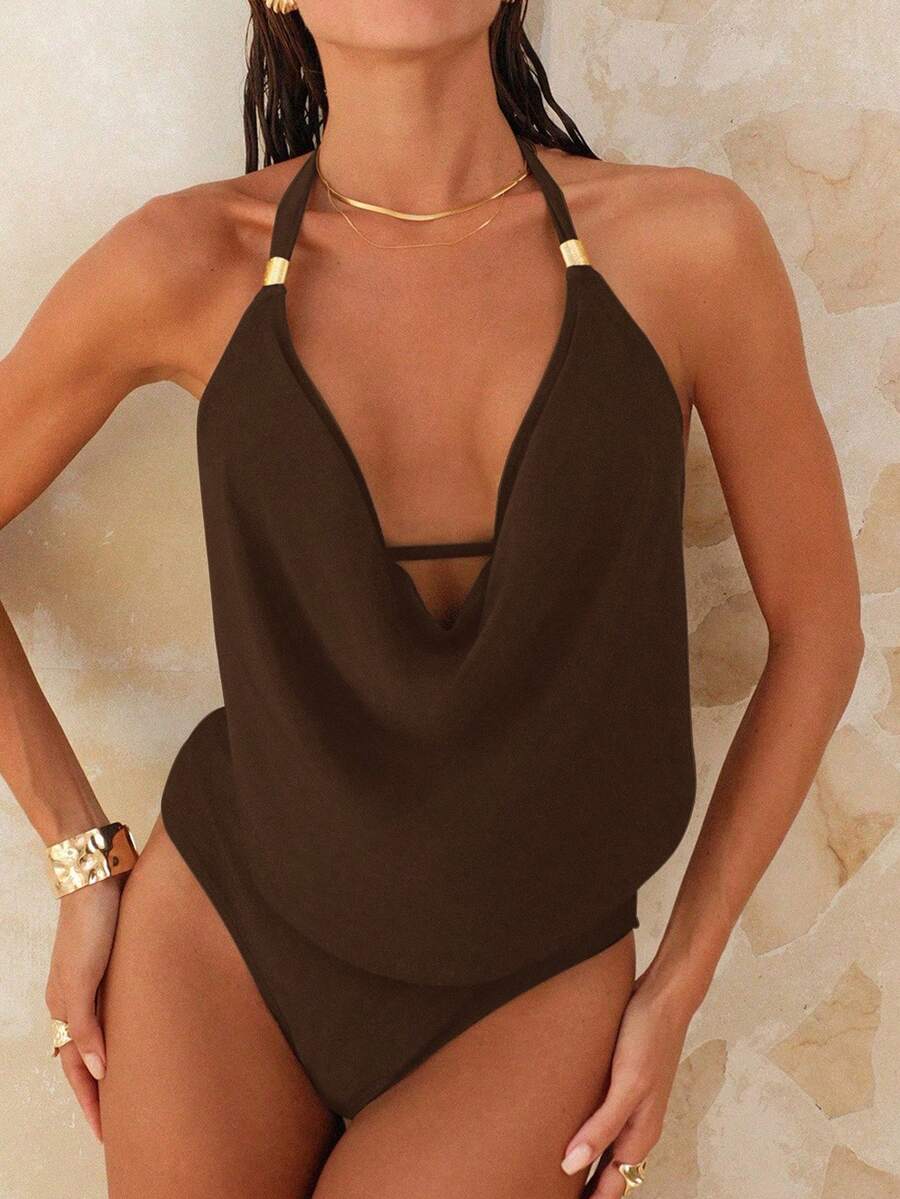 SHEIN Swim Chicsea 夏季沙滩垂褶露背吊带黑色泳衣 - 咖啡棕 - 查看 1