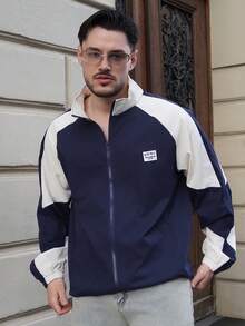 LEOGASHI LEOGASHI Chaqueta de cuello alto de manga larga con bloques de color retro para hombre, ropa de abrigo casual de estilo universitario, esencial minimalista, otoño - Azul - Ver 4