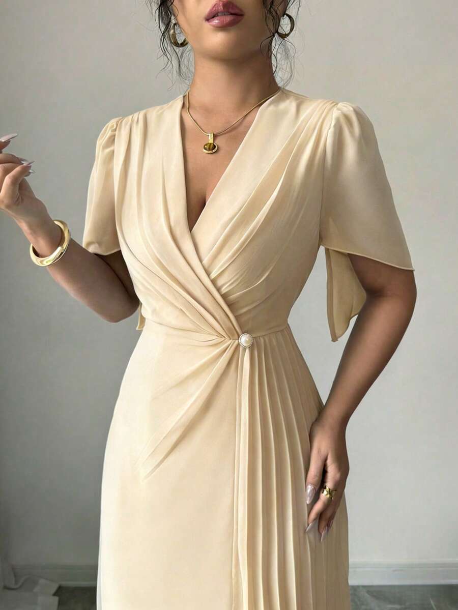 Rafferiza Solid Color Chiffon Cinched Waist Elegant Pleated Dress - Apricot - View 1