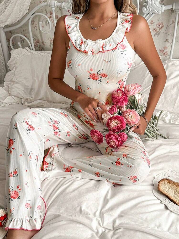 Bộ đồ ngủ dệt kim họa tiết hoa nhí cổ tròn viền ren và eo chun dành cho nữ. - Nhiều màu - Xem 3