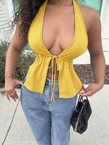Alexandranx Summer Front Slit, Backless, Knotted Halterneck Black Top Yellow - Yellow - View 6