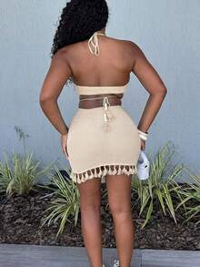 Alexandranx Summer Beach Vacation Halterneck Waist Hollow Hem Tassel Yellow Tight Mini Dress - Apricot - View 2