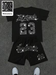 Manfinity EMRG Men's Black Rhinestone Embellished Set, Featuring Los Angeles 23 Graphic, American Streetwear Style, Suitable For Casual, Party, Date, Couple Wear, Summer, Los Angeles 23 Rhinestone Embellished Set - Black - View 2
