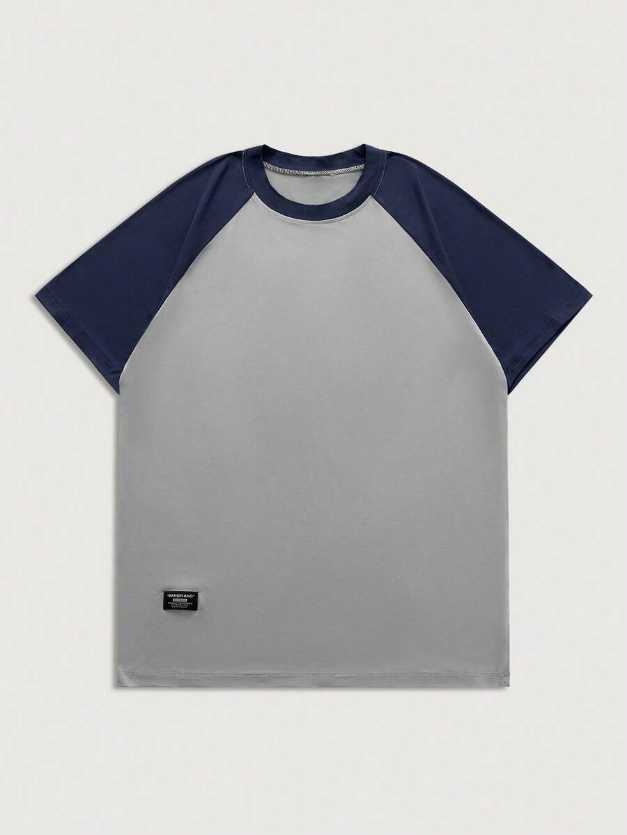 Courvante Men Colorblock Raglan Sleeve Patched Detail Tee, Summer, Father's Day Gift - Grey - View 1
