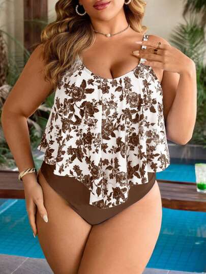 Swim Lushoire Plus Size 2pcs/Set Blue And White Porcelain Style Random Print Scoop Neck Ruffle Hem Top And High Waist Pleated Triangle Bottoms Bikini Swimsuit Set For Women