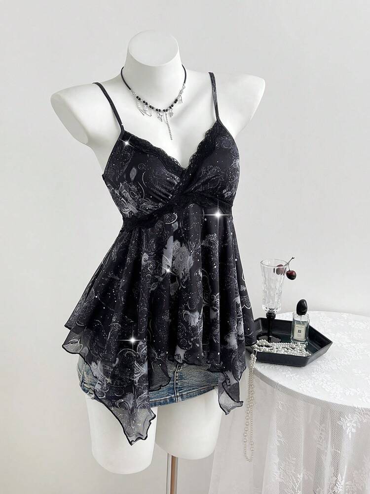 Elamini Yk2 Leopard Print Lace Trim Asymmetric Hem Women Tank Top