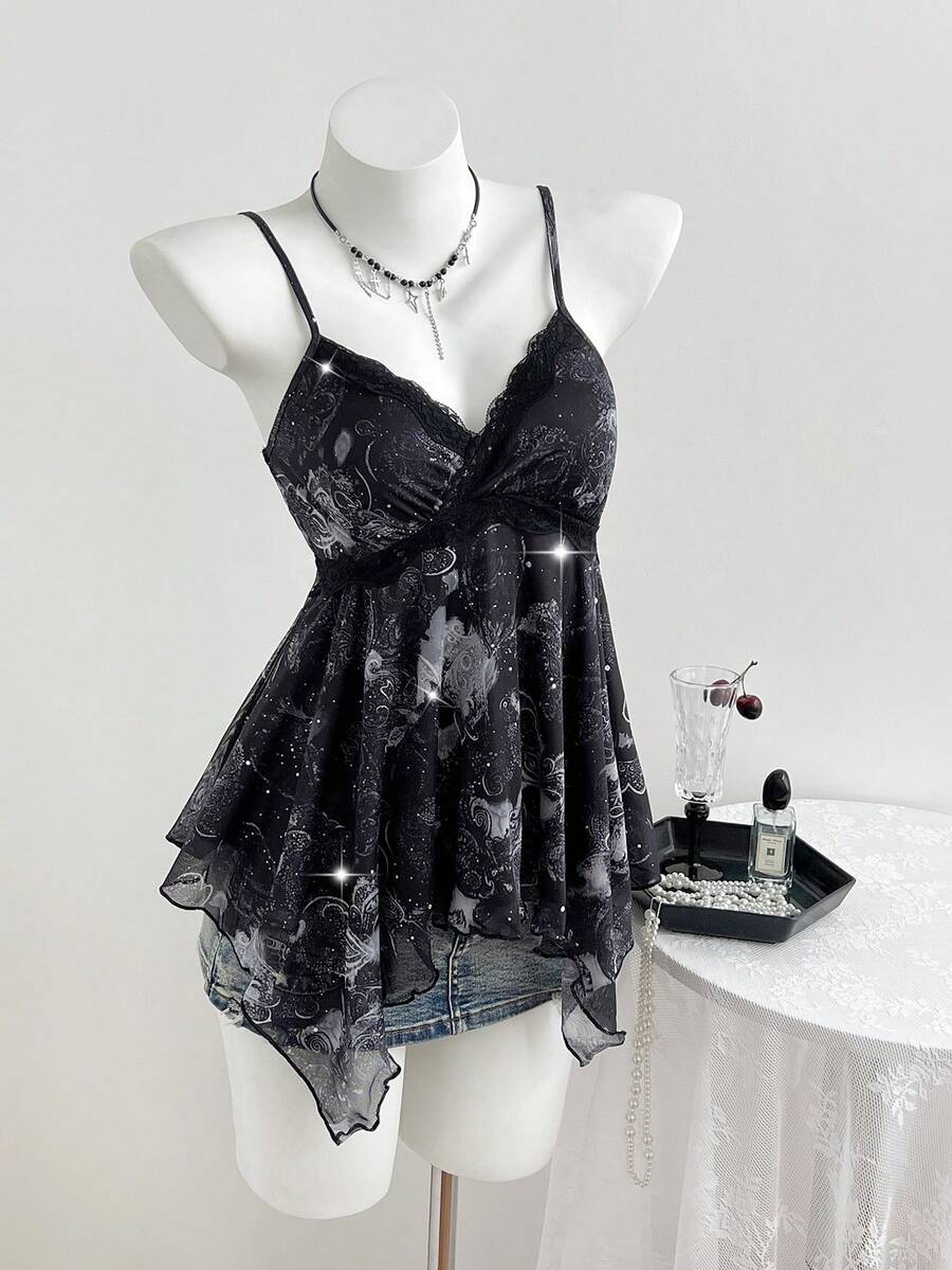 Elamini 1 chiếc áo hai dây Perris màu xanh hải quân cổ điển, họa tiết hoa đính sequin, vạt áo bất đối xứng, kiểu dáng Y2K, thích hợp mặc mùa xuân/hè. - màu đen - Xem 1