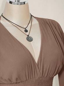 SHEIN ICON Đầm ngắn nữ thanh lịch kiểu dáng nghỉ dưỡng, màu trơn, tay bồng, eo thắt, thích hợp cho mùa xuân/hè. - Màu Khaki - Xem 6