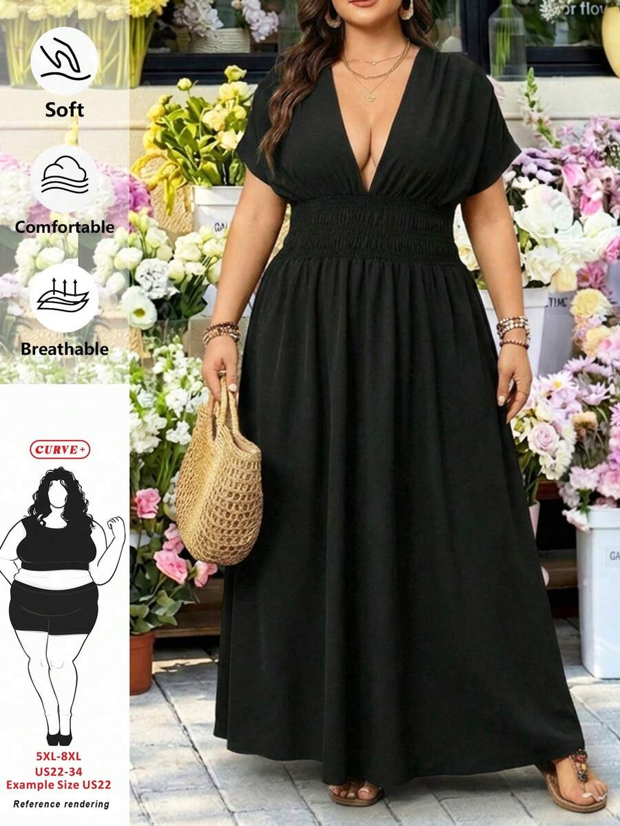 SHEIN CURVE+ Curve 尺码 US22 音乐节、海滨度假、波西米亚风女士深V纯色黑色侧开衩长裙、度假裙、长裙