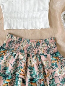 SHEIN Bộ đồ dành cho nữ tuổi teen, thích hợp cho kỳ nghỉ xuân/hè, du lịch biển, nghỉ dưỡng. Áo thun cổ vuông xoắn phía trước ôm sát, chân váy chữ A xòe rộng xếp lớp, phù hợp cho hẹn hò, đi biển, du lịch. - trắng - Xem 5