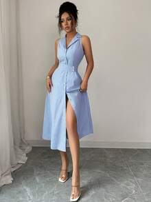 Elenzga Robe rayée élégante et décontractée pour femmes - Bleu azur - Voir 7