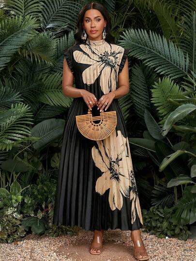 SHEIN Lady Đầm xếp ly in hoa thanh lịch dành cho nữ, thích hợp cho mùa hè.