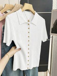 SHEIN Franclia 新款夏季休闲宽松百搭简约优雅柔软Polo衫，适合办公室、工作、通勤等场合，金属纽扣设计，修身剪裁，款式简洁大方，男女皆宜，极简女式开衫 - 白色 - 查看 7