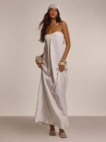 MUSERA Ruched Twist Front Flowy Floor Length Maxi Dress Cute Summer Spring Sexy Going Out Beach Holiday Vacation Honey Tides - White - View 1