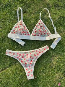 女士性感网状心形印花无钢圈文胸和丁字裤内衣套装 - 紅白色 - 查看 5