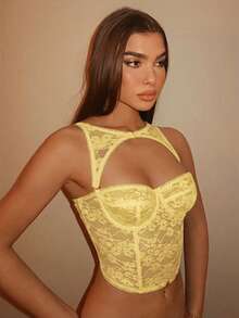 SHEIN BAE Áo corset đen có thể tháo rời, thích hợp cho lễ hội âm nhạc và các buổi hòa nhạc, trang phục đi xem hòa nhạc. - Màu vàng - Xem 2