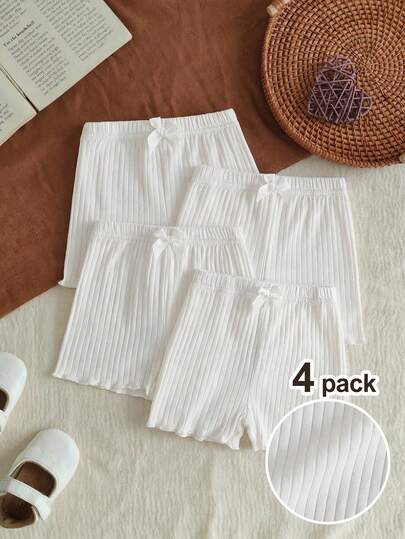 4 Pack Baby Girls Toddler Girls Kids Cute Sweet Ribbed Knit White Bow Decor Solid Shorts Pants Trousers Bottoms Leggings Casual Chic Fashion Clothing Apparel Travel Essential Vacation Beach School Daily Wear Summer Spring