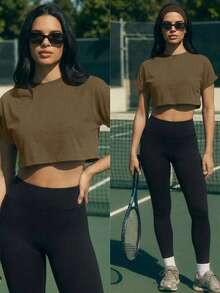 Fluxe Solid Color Knit Round Neck Short Sleeve Loose Cropped Casual Women T-Shirt,Summer Top - Mocha Brown - View 2