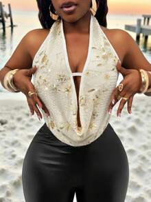 Glyssa 女士夏季新款性感亮片刺绣吊带背心，串珠无袖上衣，深V露背吊带背心 - 杏色 - 查看 4